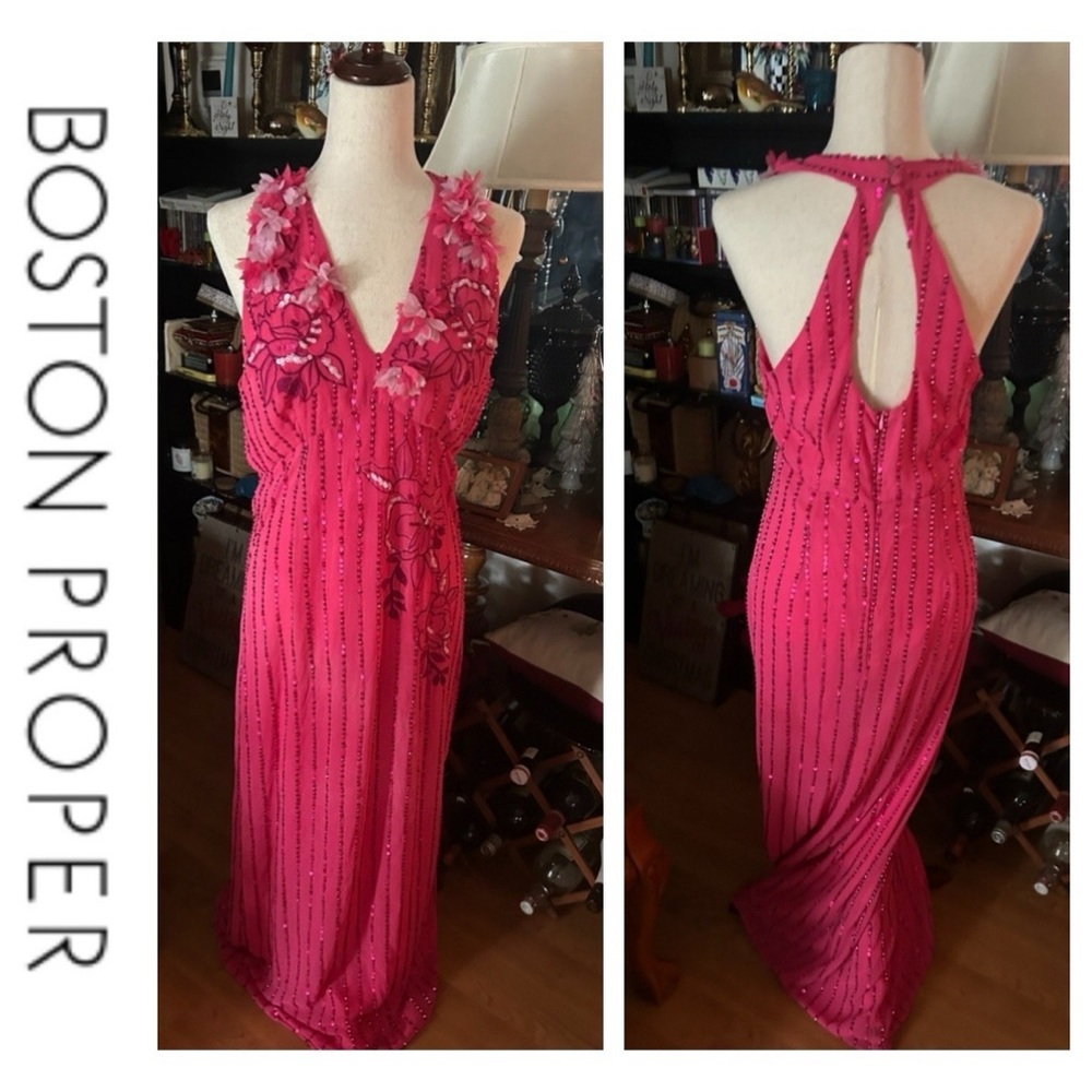 Hot Pink Floral Sequined Prom Gown - Picture 5 of 16